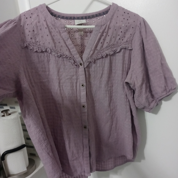 Knox Rose lilac short Balloon Sleeve Button Down peek a boo Floral Ruffle blouse - Picture 9 of 11